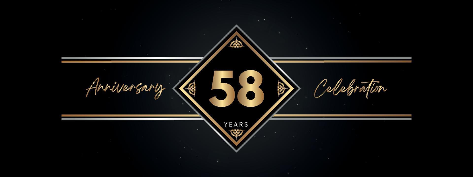 58 años de color dorado de aniversario con marco decorativo aislado en fondo negro para el evento de celebración de aniversario, fiesta de cumpleaños, folleto, tarjeta de felicitación. diseño de plantilla de aniversario de 58 años vector