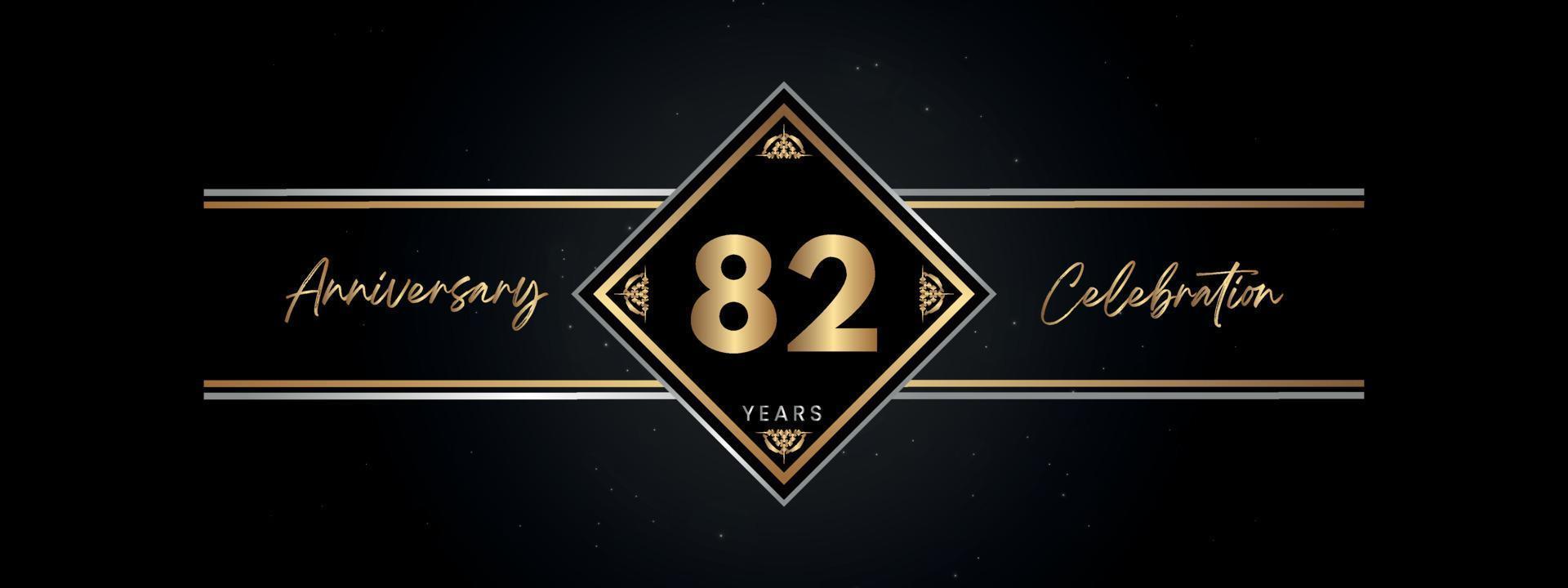 Color dorado de aniversario de 82 años con marco decorativo aislado en fondo negro para evento de celebración de aniversario, fiesta de cumpleaños, folleto, tarjeta de felicitación. diseño de plantilla de aniversario de 82 años vector