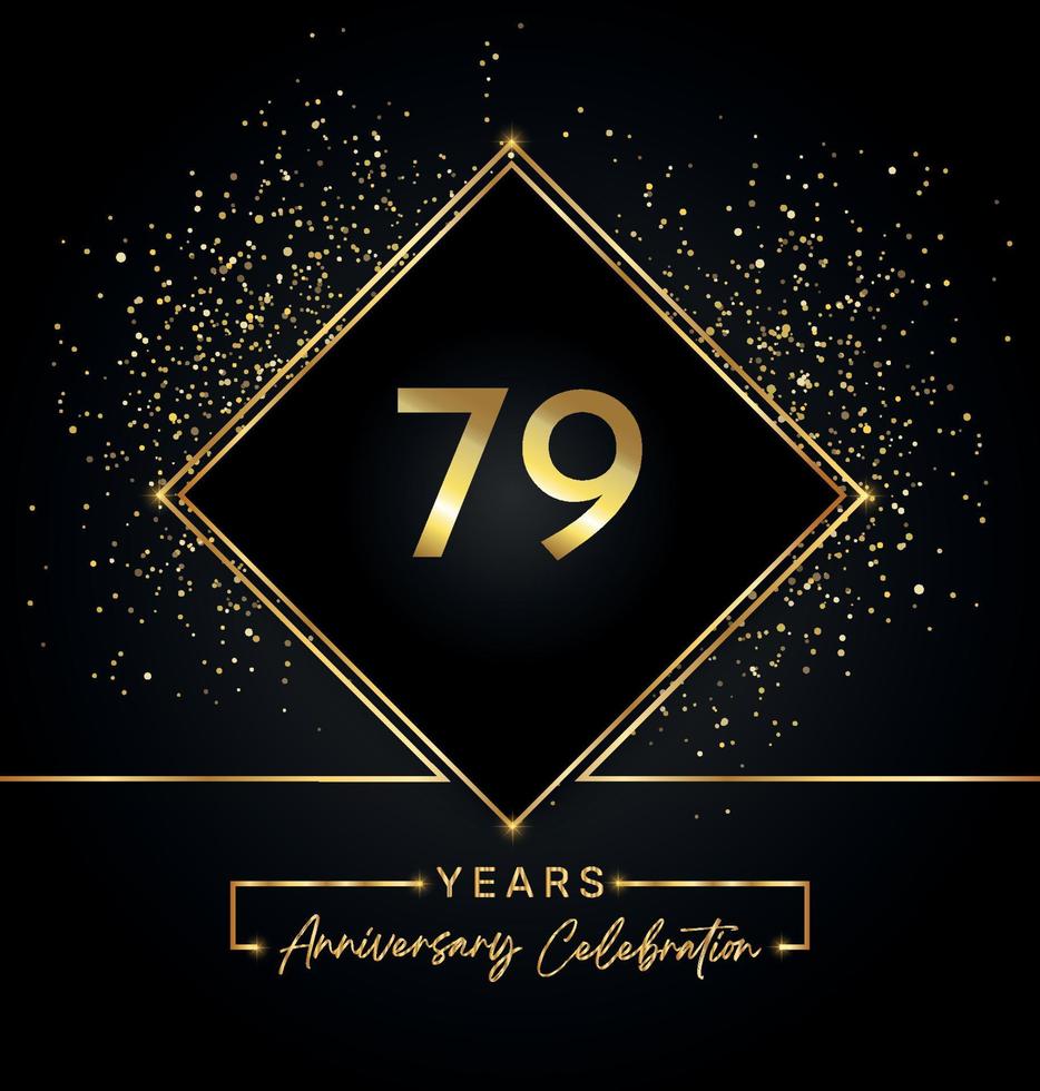 79 years anniversary celebration with golden frame and gold glitter on black background. Vector design for greeting card, birthday party, wedding, event party, invitation. 79 years Anniversary logo.