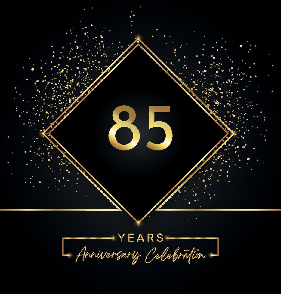 85 years anniversary celebration with golden frame and gold glitter on black background. Vector design for greeting card, birthday party, wedding, event party, invitation. 85 years Anniversary logo.
