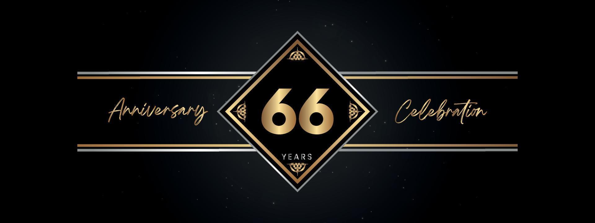 66 años de color dorado de aniversario con marco decorativo aislado en fondo negro para el evento de celebración de aniversario, fiesta de cumpleaños, folleto, tarjeta de felicitación. diseño de plantilla de aniversario de 66 años vector