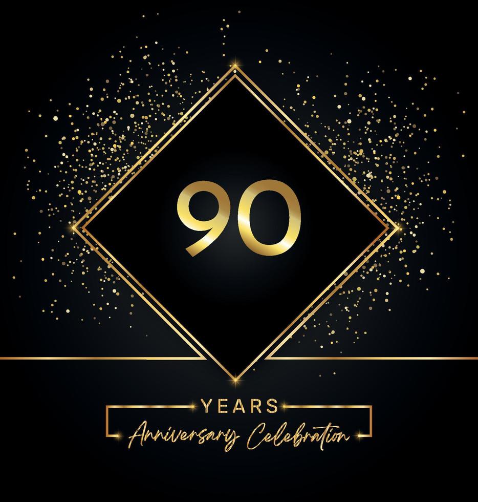 90 years anniversary celebration with golden frame and gold glitter on black background. Vector design for greeting card, birthday party, wedding, event party, invitation. 90 years Anniversary logo.