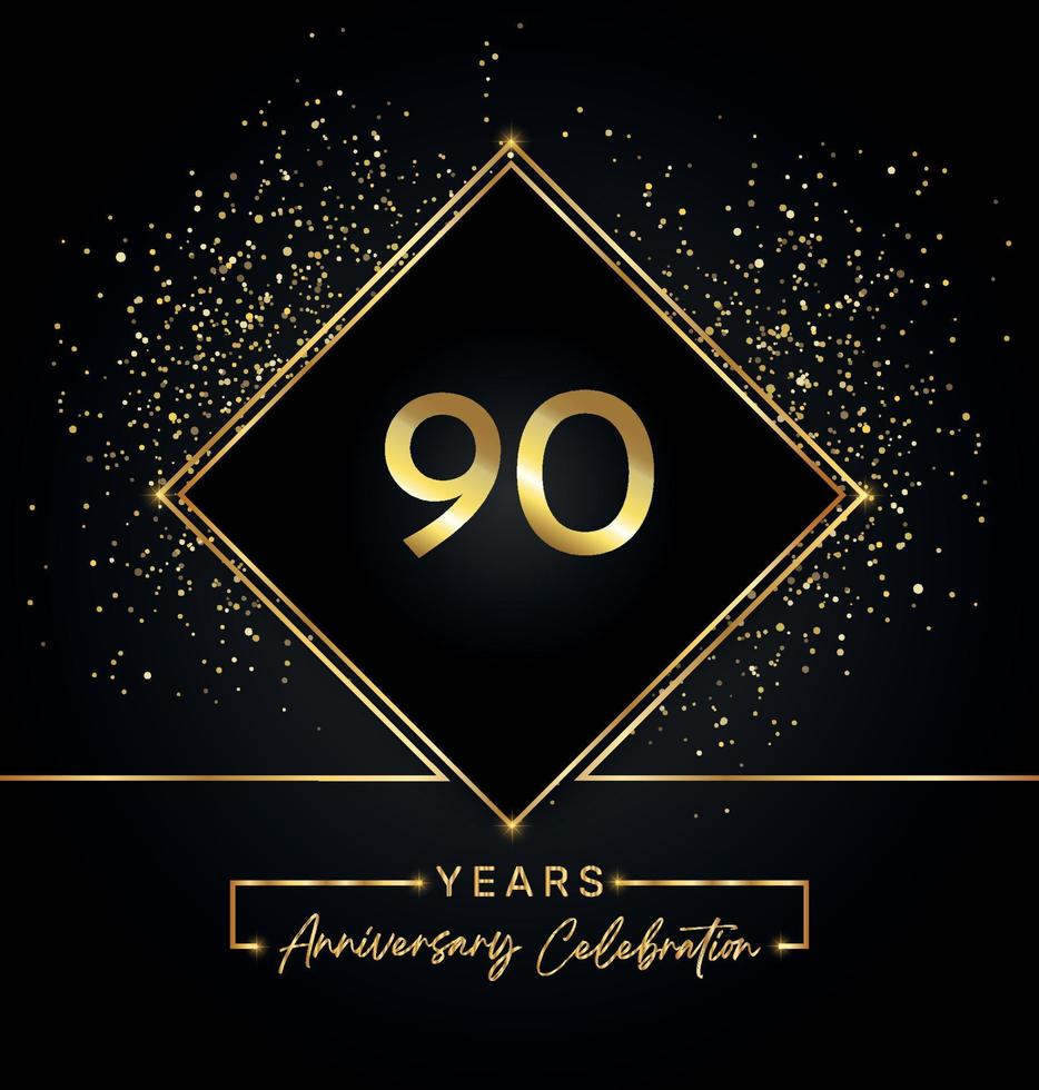 Celebración del aniversario de 90 años con marco dorado y brillo dorado sobre fondo negro. diseño vectorial para tarjetas de felicitación, fiesta de cumpleaños, boda, fiesta de eventos, invitación. Logotipo de aniversario de 90 años. vector