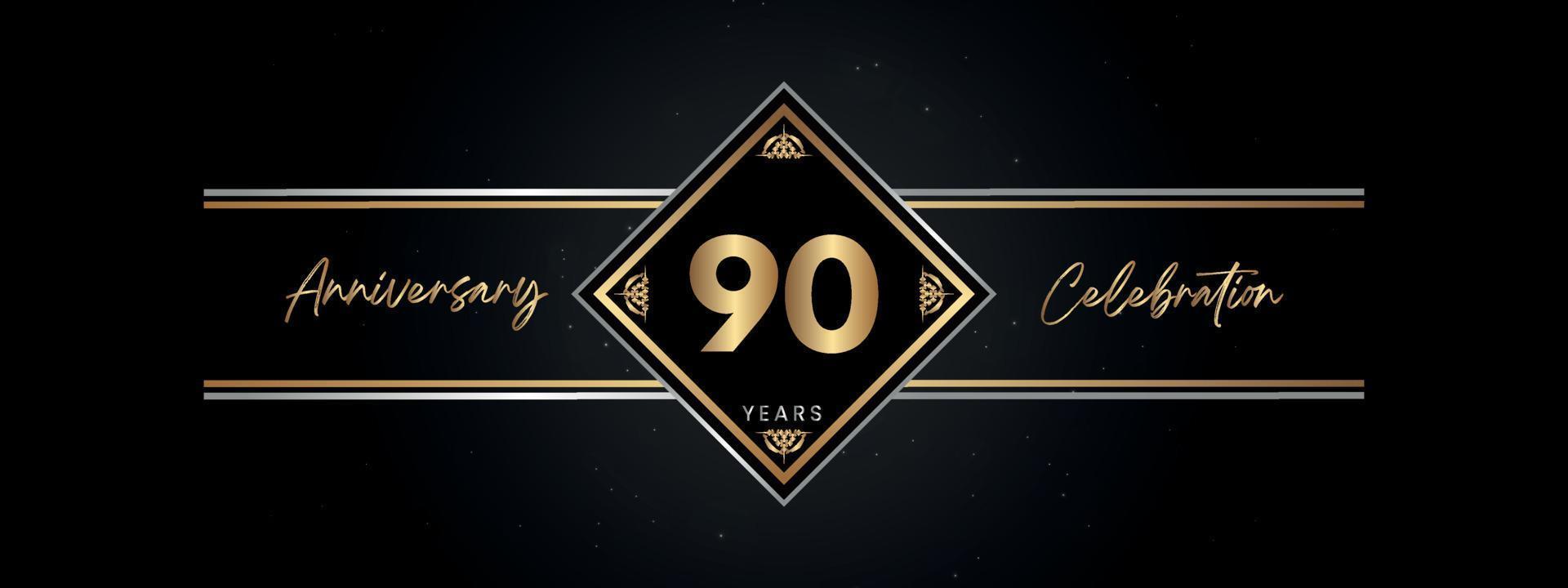 Color dorado de aniversario de 90 años con marco decorativo aislado en fondo negro para evento de celebración de aniversario, fiesta de cumpleaños, folleto, tarjeta de felicitación. diseño de plantilla de aniversario de 90 años vector