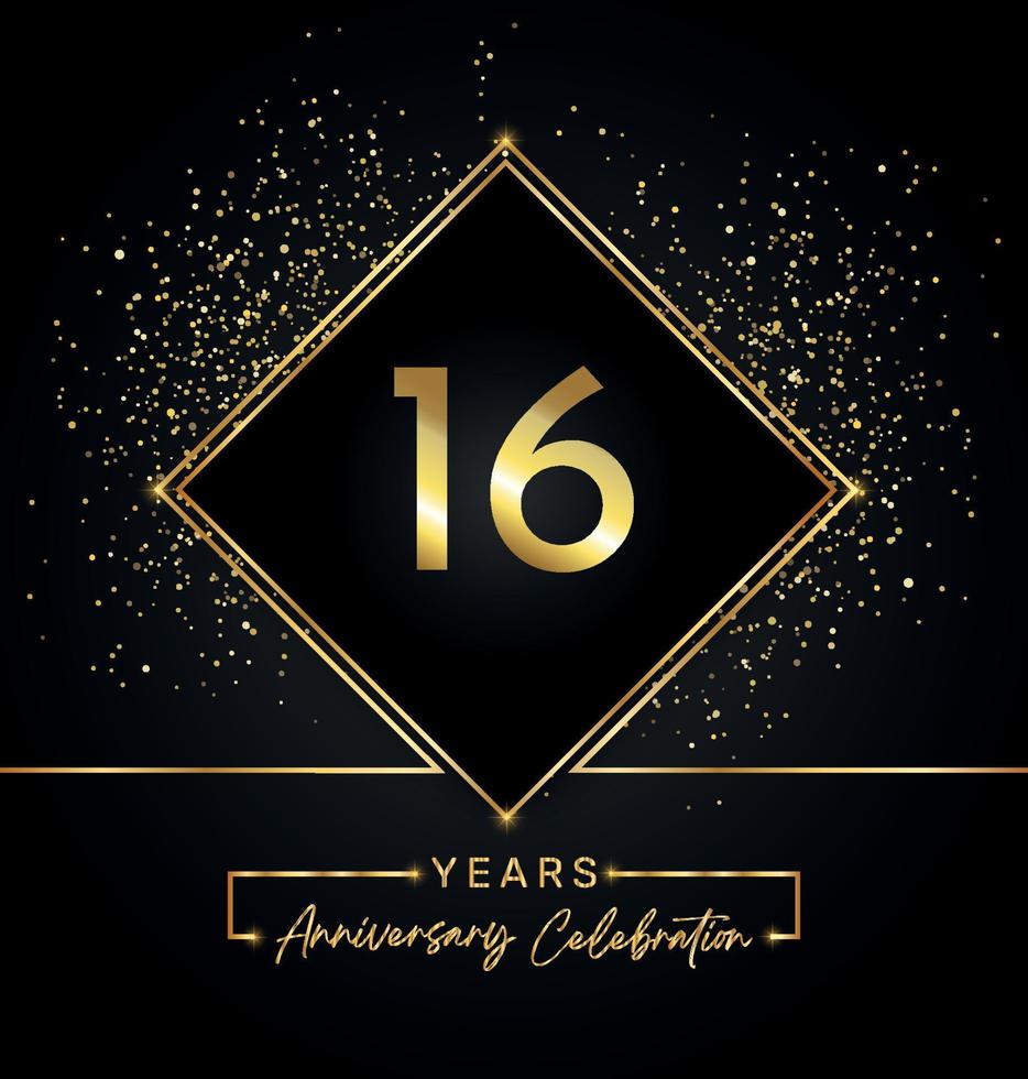 16 years anniversary celebration with golden frame and gold glitter on black background. Vector design for greeting card, birthday party, wedding, event party, invitation. 16 years Anniversary logo.