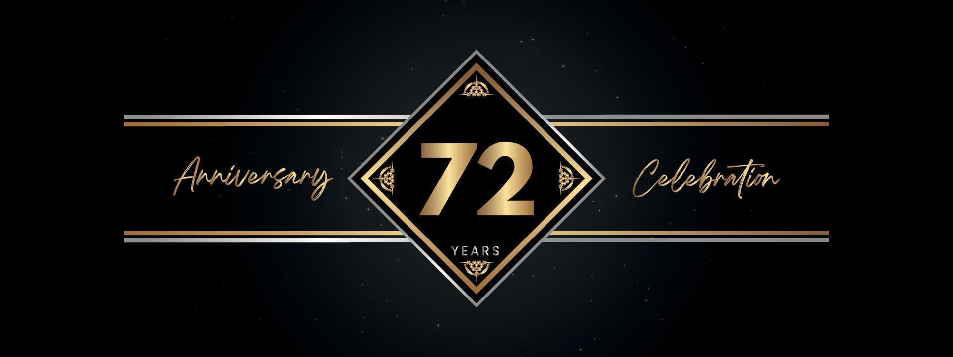 72 años de color dorado de aniversario con marco decorativo aislado en fondo negro para el evento de celebración de aniversario, fiesta de cumpleaños, folleto, tarjeta de felicitación. diseño de plantilla de aniversario de 72 años vector