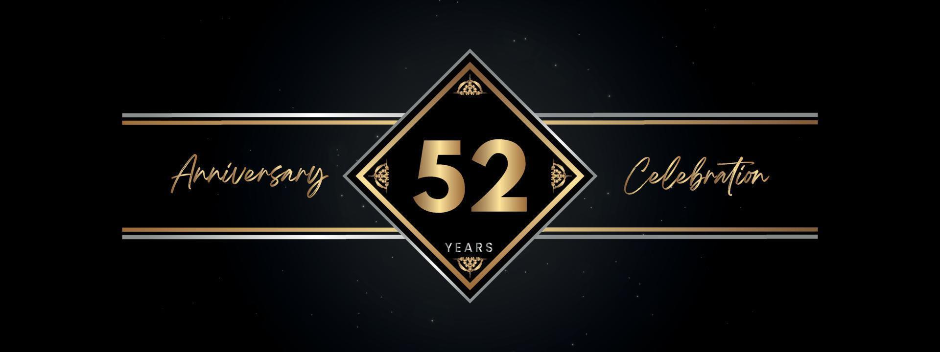 52 años de color dorado de aniversario con marco decorativo aislado en fondo negro para el evento de celebración de aniversario, fiesta de cumpleaños, folleto, tarjeta de felicitación. diseño de plantilla de aniversario de 52 años vector