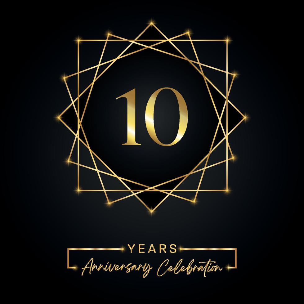 10 years Anniversary Celebration Design. 10 anniversary logo with golden frame isolated on black background. Vector design for anniversary celebration event, birthday party, greeting card.