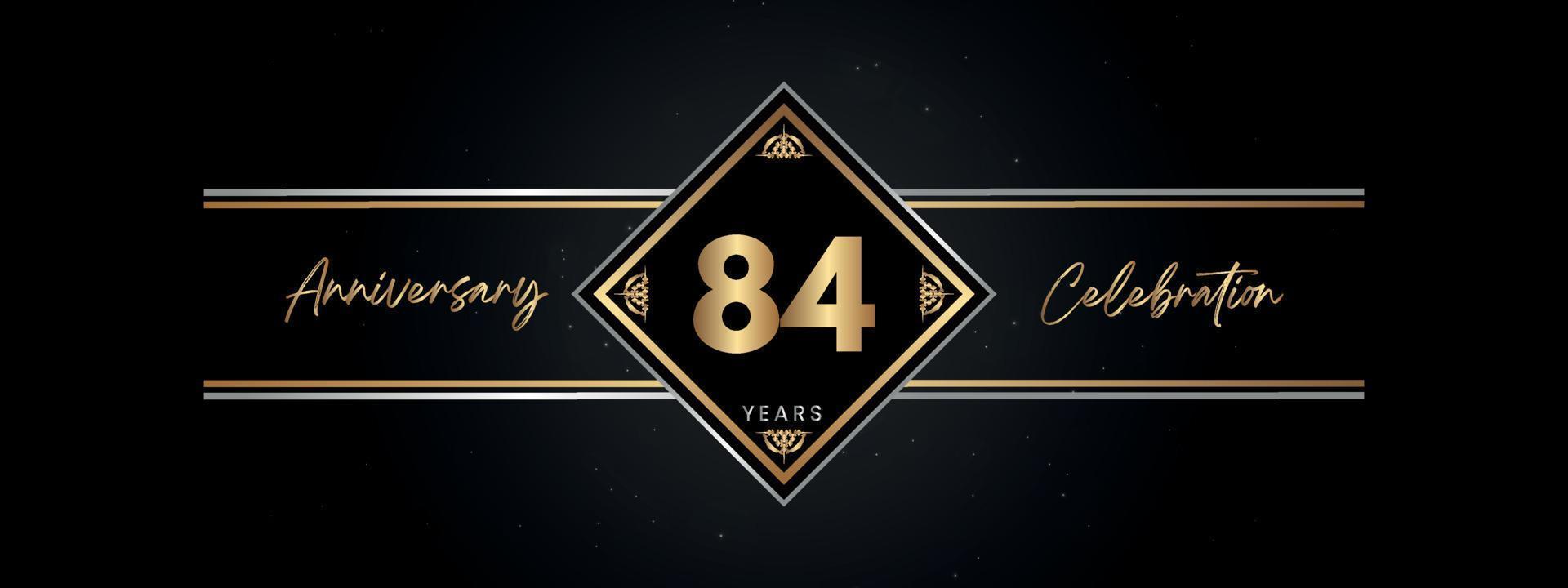 84 años de color dorado de aniversario con marco decorativo aislado en fondo negro para el evento de celebración de aniversario, fiesta de cumpleaños, folleto, tarjeta de felicitación. diseño de plantilla de aniversario de 84 años vector