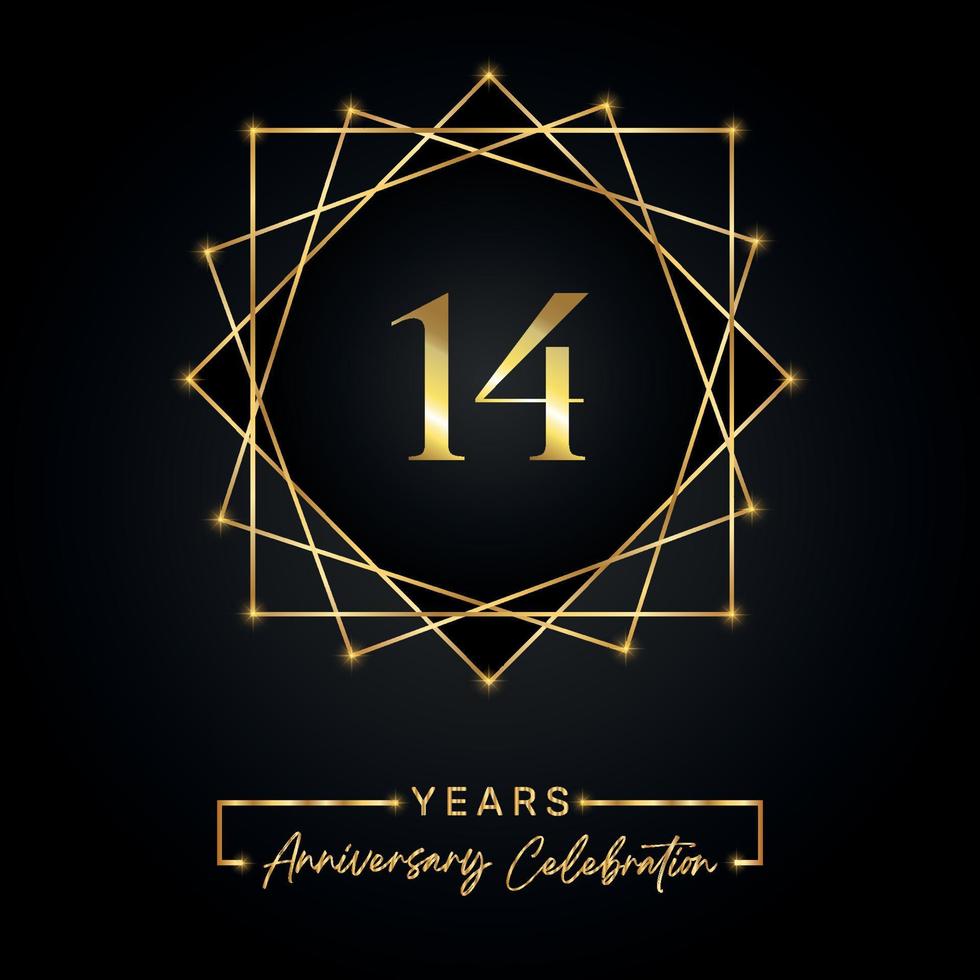 14 years Anniversary Celebration Design. 14 anniversary logo with golden frame isolated on black background. Vector design for anniversary celebration event, birthday party, greeting card.