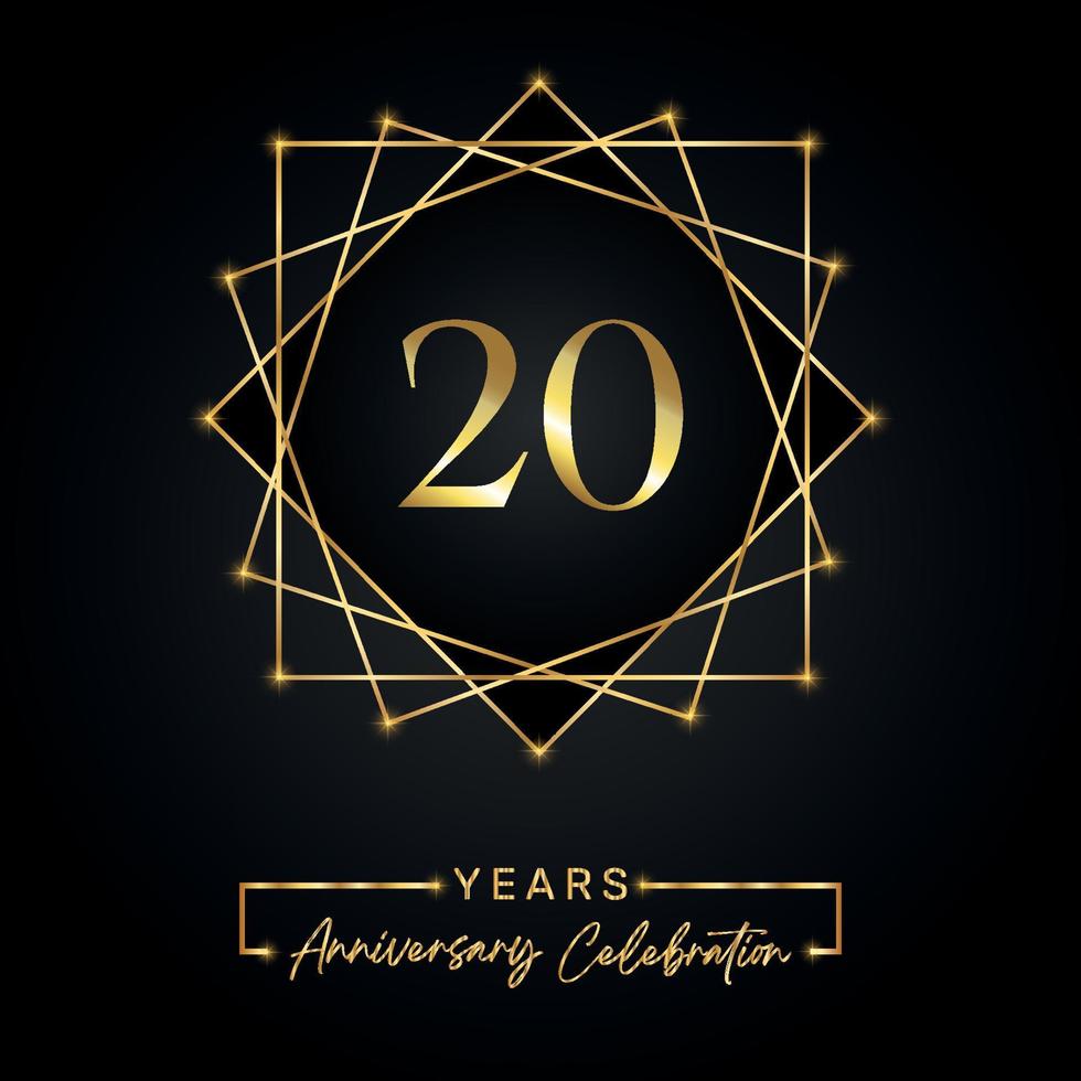 20 years Anniversary Celebration Design. 20 anniversary logo with golden frame isolated on black background. Vector design for anniversary celebration event, birthday party, greeting card.