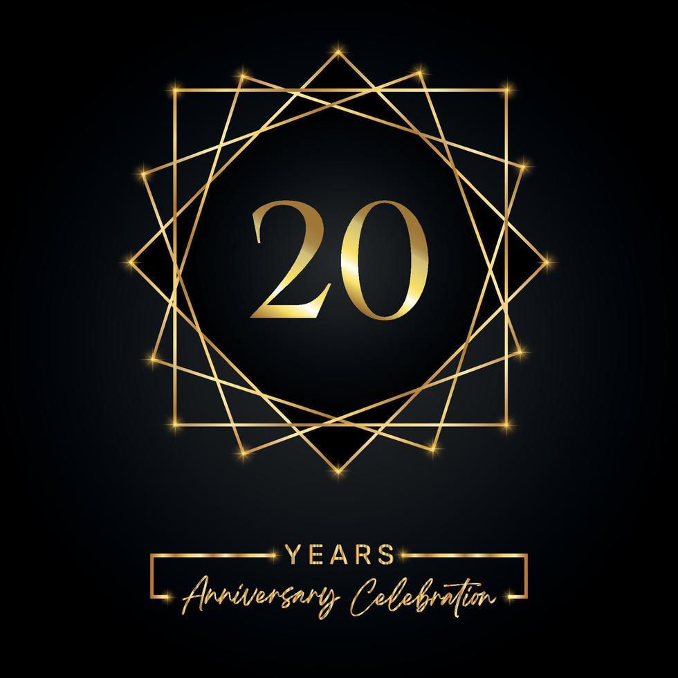 Diseño de celebración de aniversario de 20 años. Logotipo del 20 aniversario con marco dorado aislado en fondo negro. diseño vectorial para evento de celebración de aniversario, fiesta de cumpleaños, tarjeta de felicitación. vector