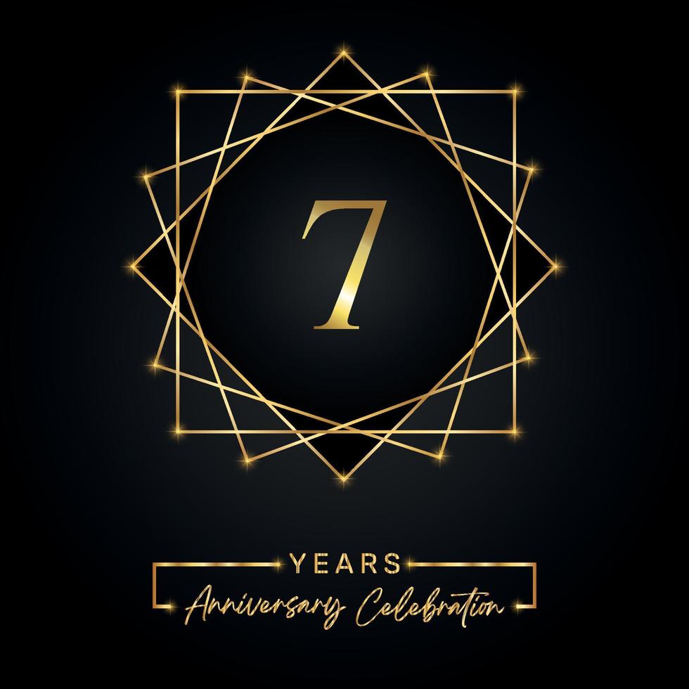 7 years Anniversary Celebration Design. 7 anniversary logo with golden frame isolated on black background. Vector design for anniversary celebration event, birthday party, greeting card.