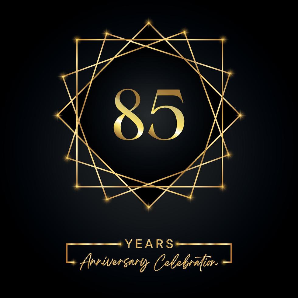 85 years Anniversary Celebration Design. 85 anniversary logo with golden frame isolated on black background. Vector design for anniversary celebration event, birthday party, greeting card.