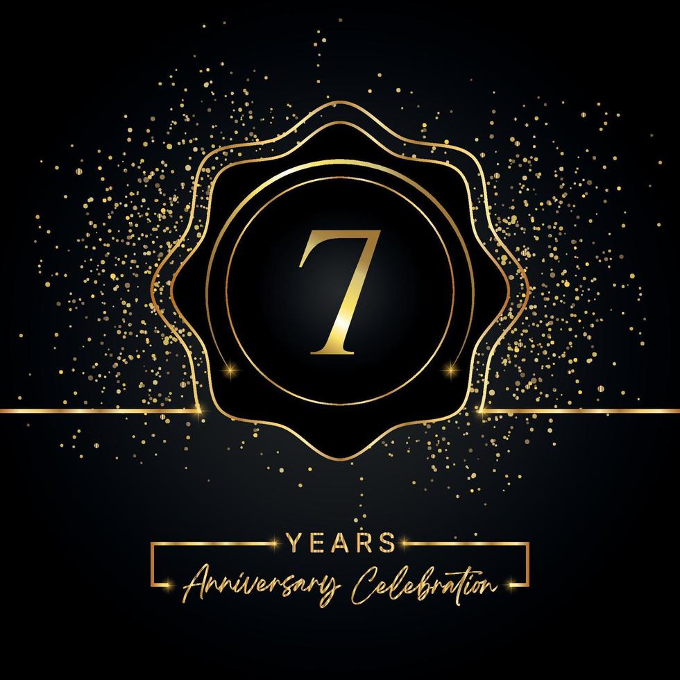 Celebración del aniversario de 7 años con marco de estrella dorada aislado en fondo negro. diseño vectorial para tarjeta de felicitación, fiesta de cumpleaños, boda, fiesta de evento, tarjeta de invitación. Logotipo de aniversario de 7 años. vector