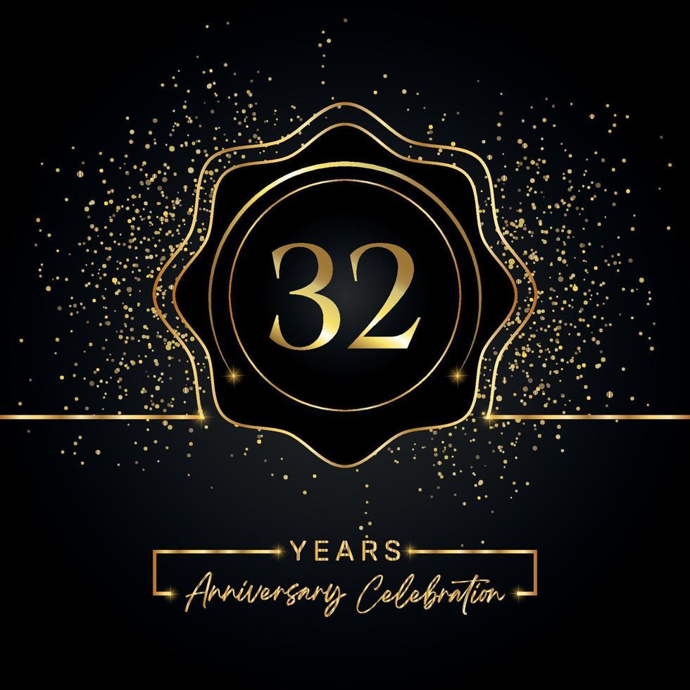 Celebración del aniversario de 32 años con marco de estrella dorada aislado en fondo negro. diseño vectorial para tarjeta de felicitación, fiesta de cumpleaños, boda, fiesta de evento, tarjeta de invitación. Logotipo de aniversario de 32 años. vector