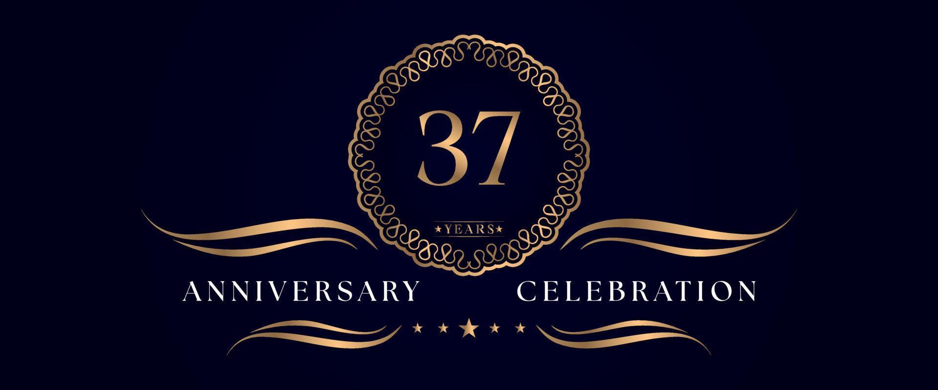 37 years anniversary celebration with elegant circle frame isolated on dark blue background. Vector design for greeting card, birthday party, wedding, event party, ceremony. 37 years Anniversary logo.