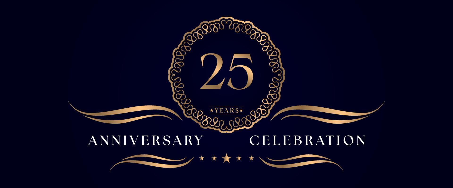 25 years anniversary celebration with elegant circle frame isolated on dark blue background. Vector design for greeting card, birthday party, wedding, event party, ceremony. 25 years Anniversary logo.