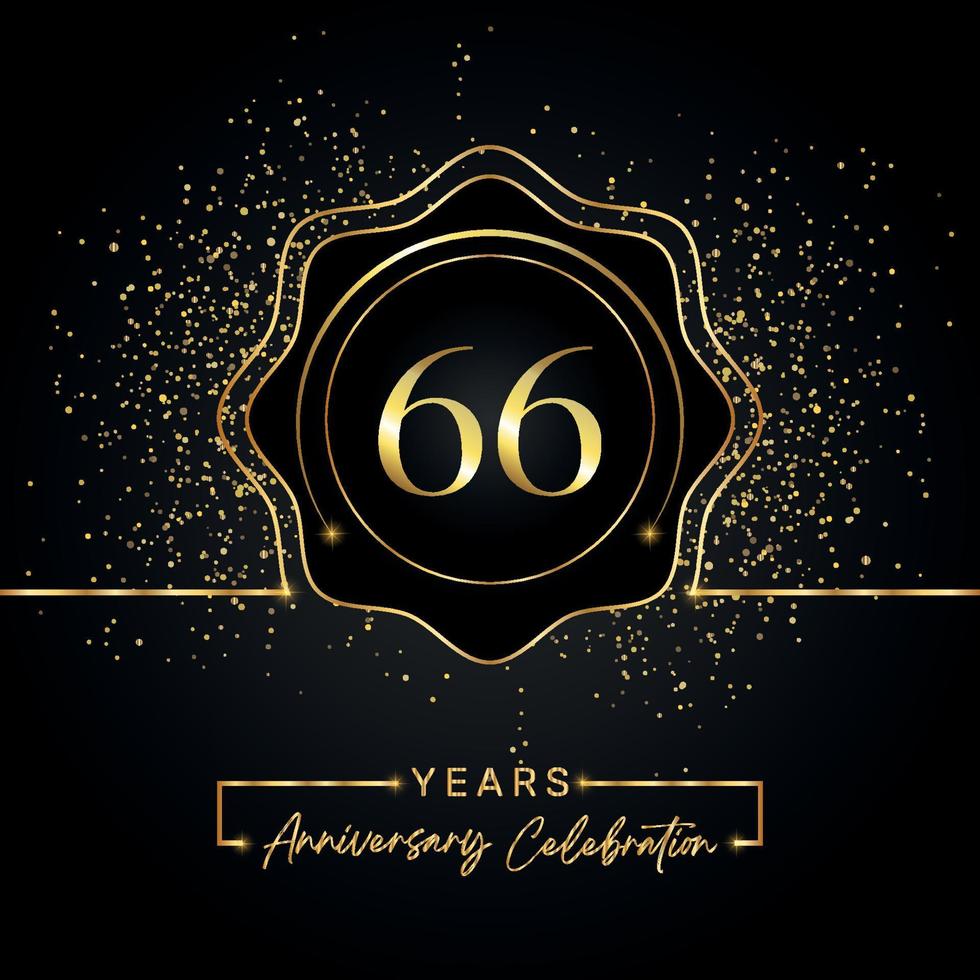 Celebración del aniversario de 66 años con marco de estrella dorada aislado en fondo negro. diseño vectorial para tarjeta de felicitación, fiesta de cumpleaños, boda, fiesta de evento, tarjeta de invitación. Logotipo de aniversario de 66 años. vector