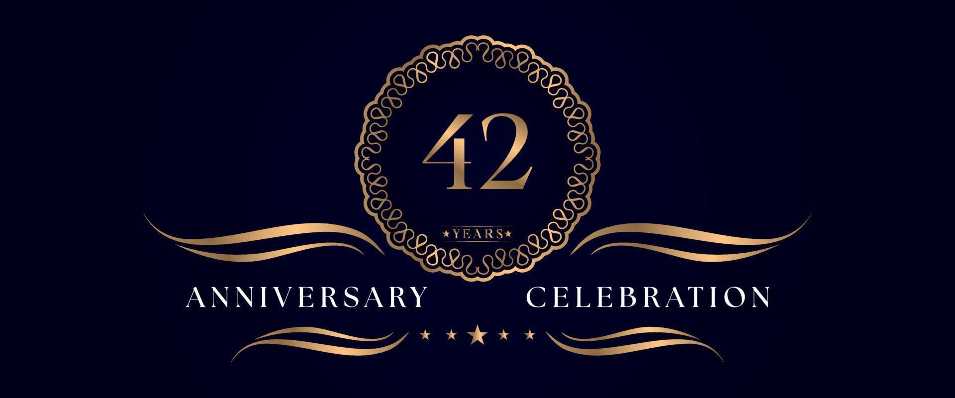 42 years anniversary celebration with elegant circle frame isolated on dark blue background. Vector design for greeting card, birthday party, wedding, event party, ceremony. 42 years Anniversary logo.