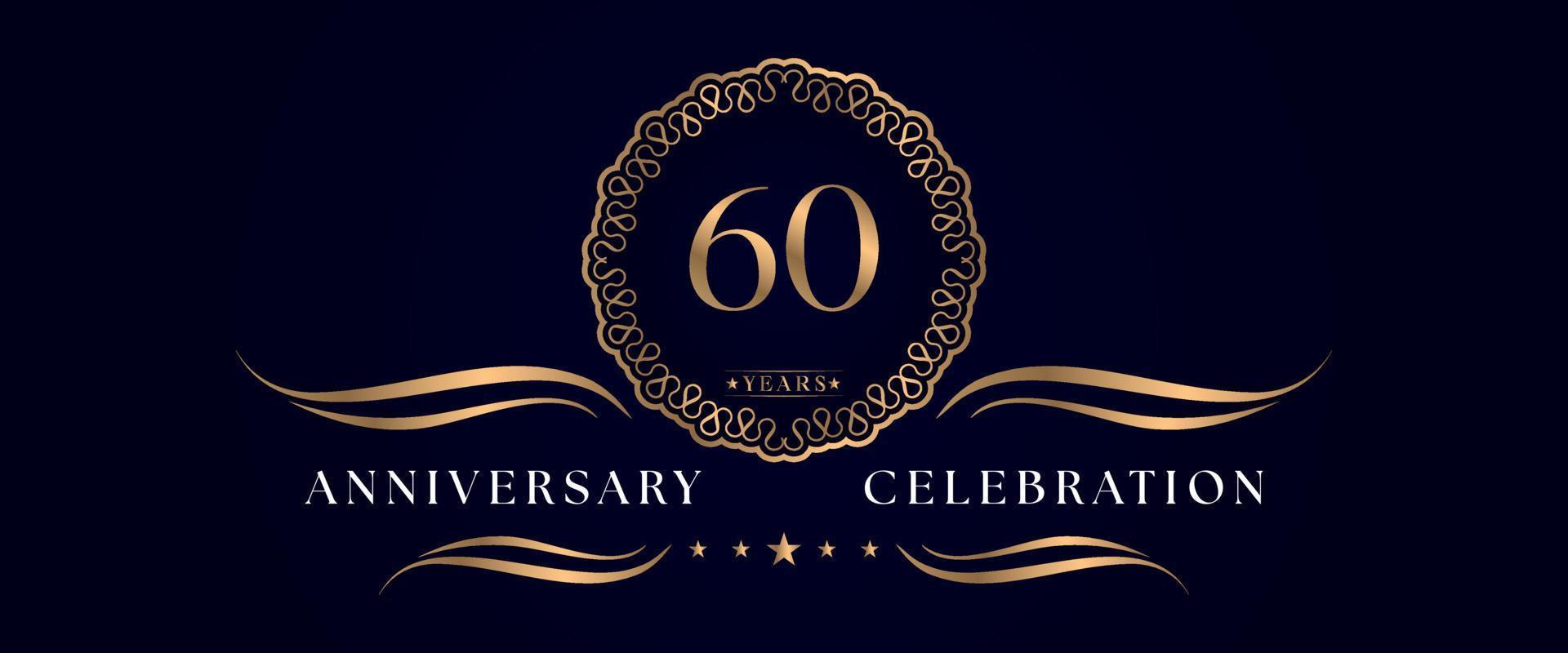 60 years anniversary celebration with elegant circle frame isolated on dark blue background. Vector design for greeting card, birthday party, wedding, event party, ceremony. 60 years Anniversary logo.