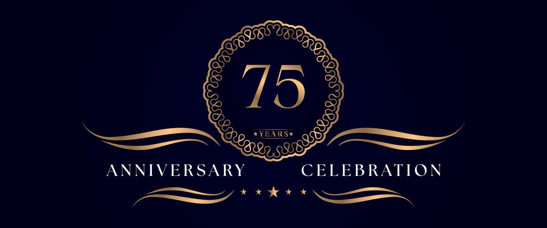 75 years anniversary celebration with elegant circle frame isolated on dark blue background. Vector design for greeting card, birthday party, wedding, event party, ceremony. 75 years Anniversary logo.