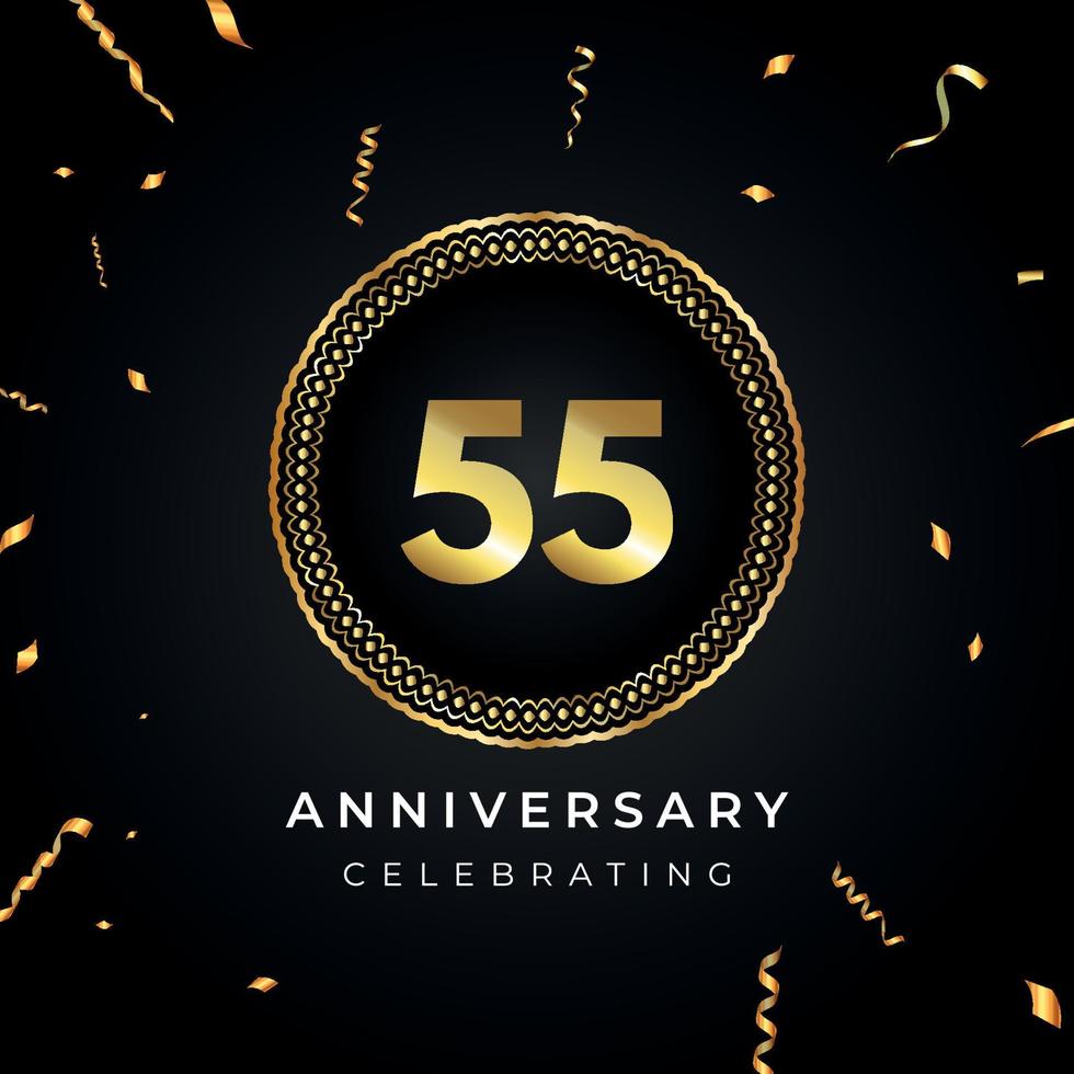 55 years anniversary celebration with circle frame and gold confetti isolated on black background. Vector design for greeting card, birthday party, wedding, event party. 55 years Anniversary logo.
