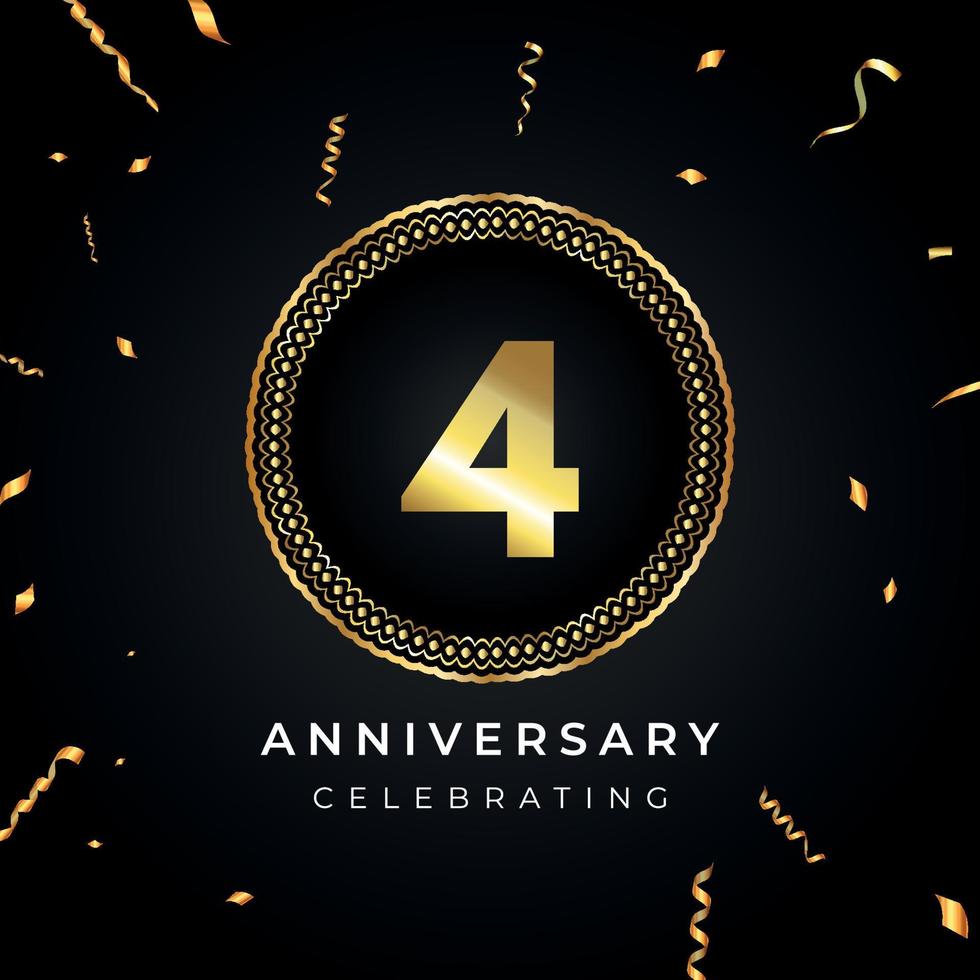 4 years anniversary celebration with circle frame and gold confetti isolated on black background. Vector design for greeting card, birthday party, wedding, event party. 4 years Anniversary logo.