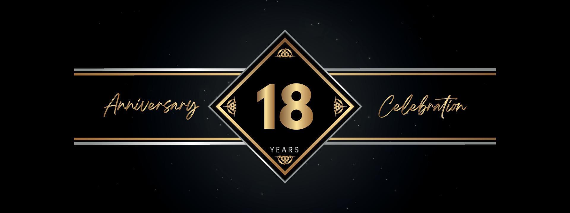 Color dorado de aniversario de 18 años con marco decorativo aislado en fondo negro para evento de celebración de aniversario, fiesta de cumpleaños, folleto, tarjeta de felicitación. diseño de plantilla de aniversario de 18 años vector