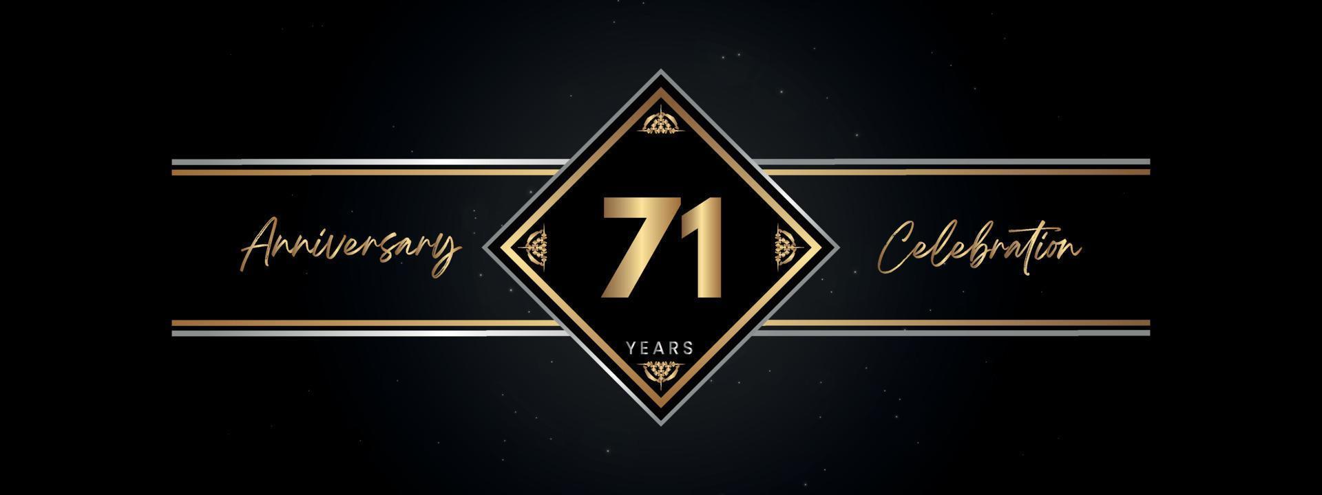 Color dorado de aniversario de 71 años con marco decorativo aislado en fondo negro para evento de celebración de aniversario, fiesta de cumpleaños, folleto, tarjeta de felicitación. diseño de plantilla de aniversario de 71 años vector