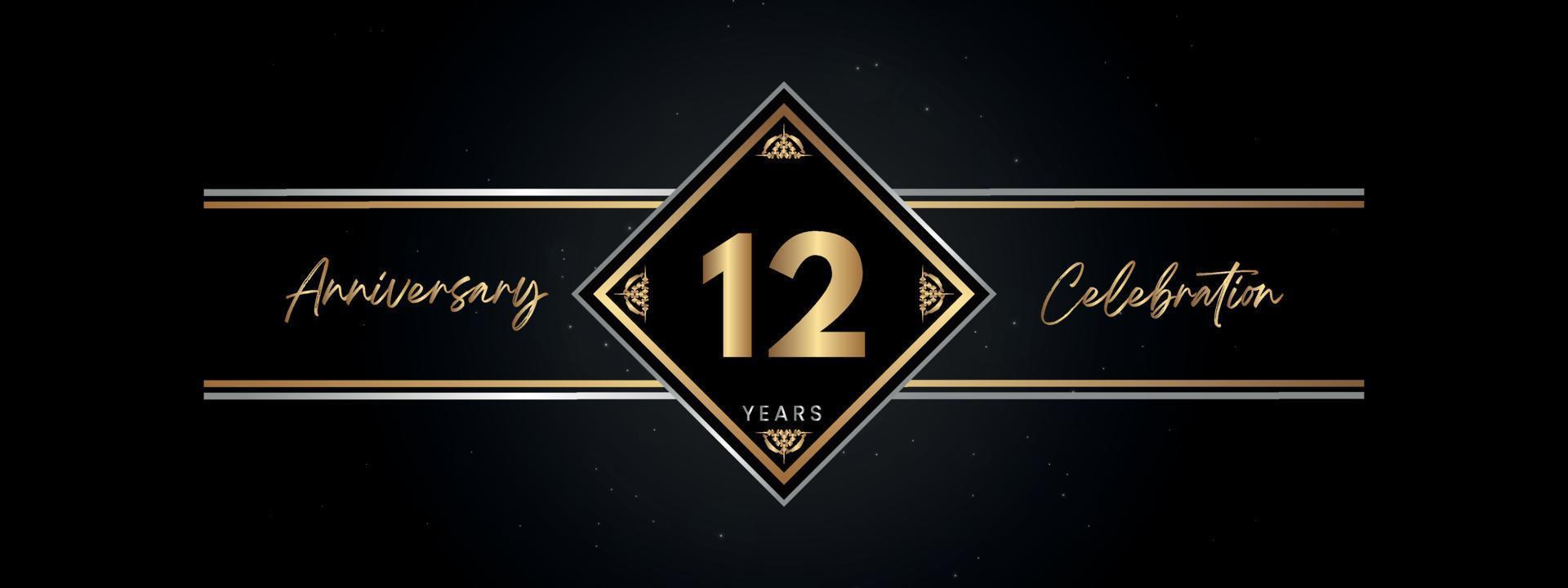 12 years anniversary golden color with decorative frame isolated on black background for anniversary celebration event, birthday party, brochure, greeting card. 12 Year Anniversary Template Design vector
