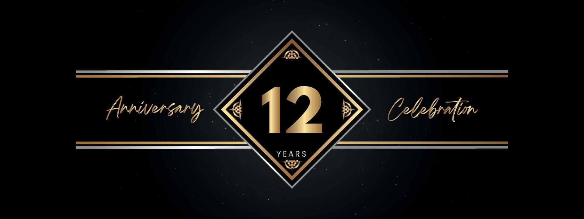 12 años de color dorado de aniversario con marco decorativo aislado en fondo negro para el evento de celebración de aniversario, fiesta de cumpleaños, folleto, tarjeta de felicitación. diseño de plantilla de aniversario de 12 años vector