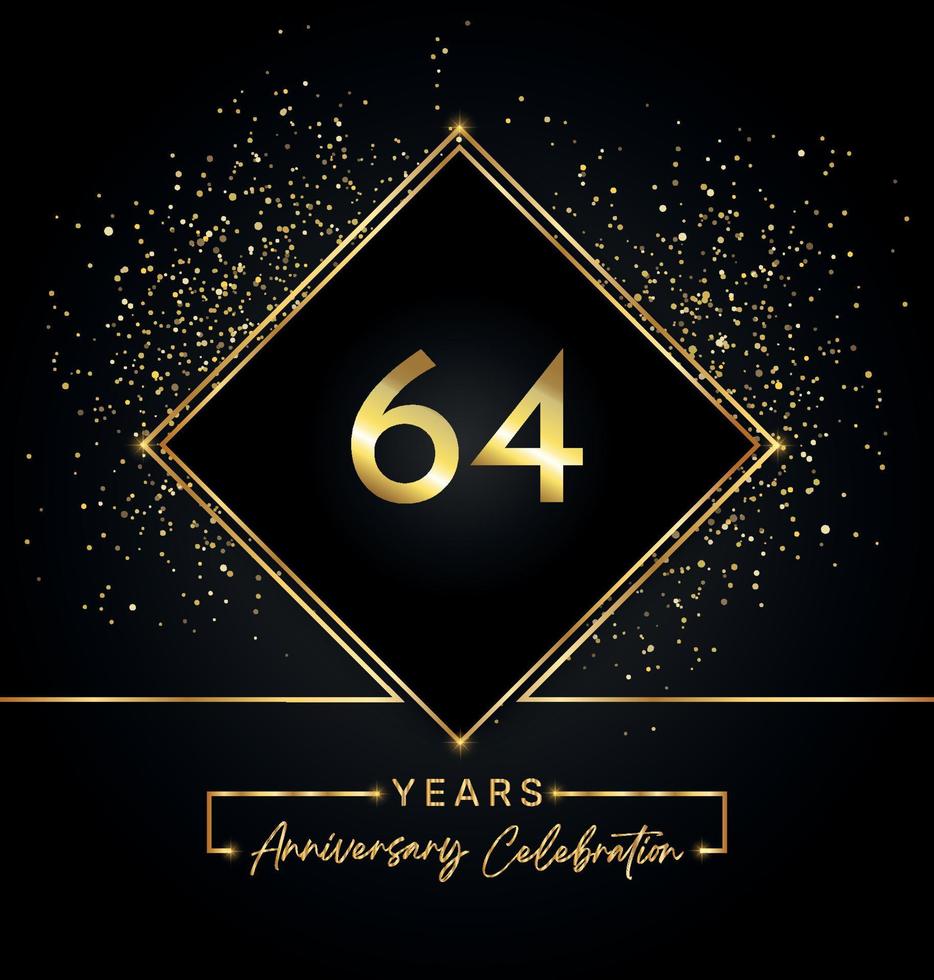 Celebración del aniversario de 64 años con marco dorado y brillo dorado sobre fondo negro. diseño vectorial para tarjetas de felicitación, fiesta de cumpleaños, boda, fiesta de eventos, invitación. Logotipo de aniversario de 64 años. vector