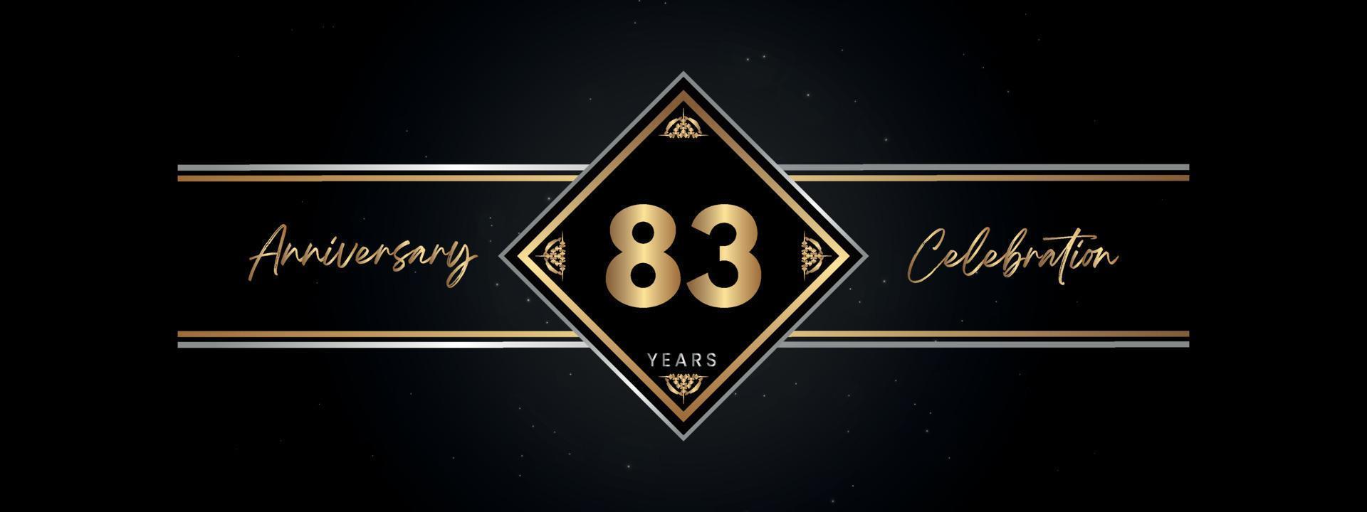 Color dorado de aniversario de 83 años con marco decorativo aislado en fondo negro para evento de celebración de aniversario, fiesta de cumpleaños, folleto, tarjeta de felicitación. diseño de plantilla de aniversario de 83 años vector