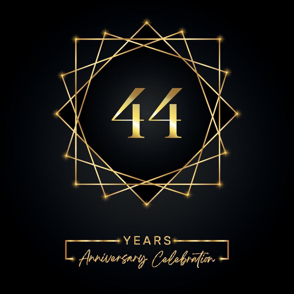 44 years Anniversary Celebration Design. 44 anniversary logo with golden frame isolated on black background. Vector design for anniversary celebration event, birthday party, greeting card.