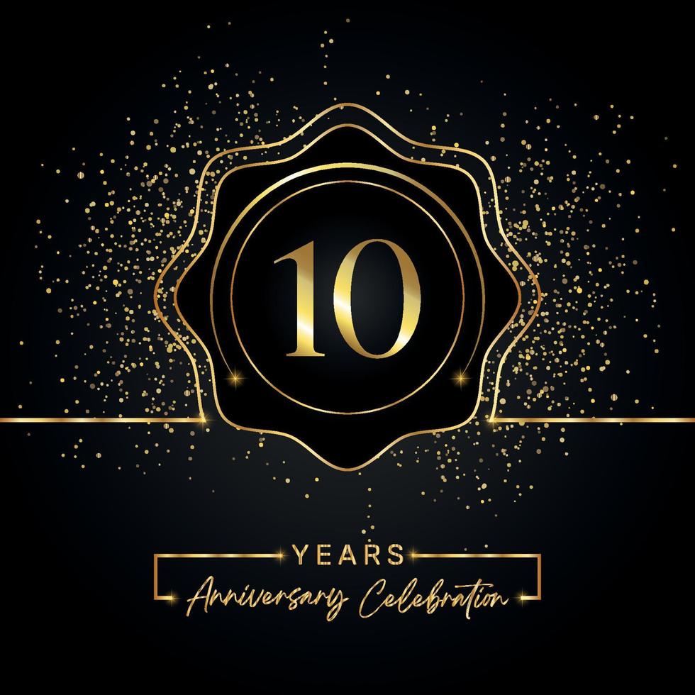 10 years anniversary celebration with golden star frame isolated on black background. Vector design for greeting card, birthday party, wedding, event party, invitation card. 10 years Anniversary logo.