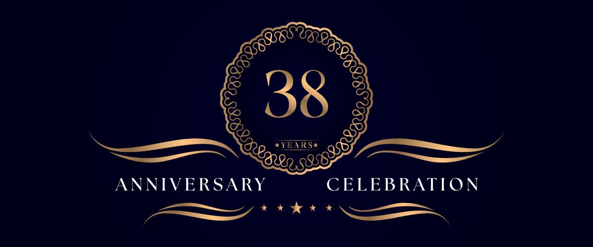 38 years anniversary celebration with elegant circle frame isolated on dark blue background. Vector design for greeting card, birthday party, wedding, event party, ceremony. 38 years Anniversary logo.