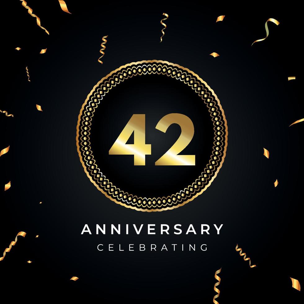 42 years anniversary celebration with circle frame and gold confetti isolated on black background. Vector design for greeting card, birthday party, wedding, event party. 42 years Anniversary logo.