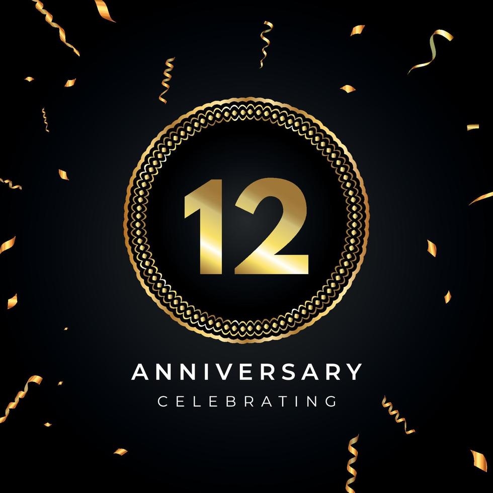 Celebración del aniversario de 12 años con marco circular y confeti dorado aislado en fondo negro. diseño vectorial para tarjetas de felicitación, fiesta de cumpleaños, boda, fiesta de eventos. Logotipo de aniversario de 12 años. vector