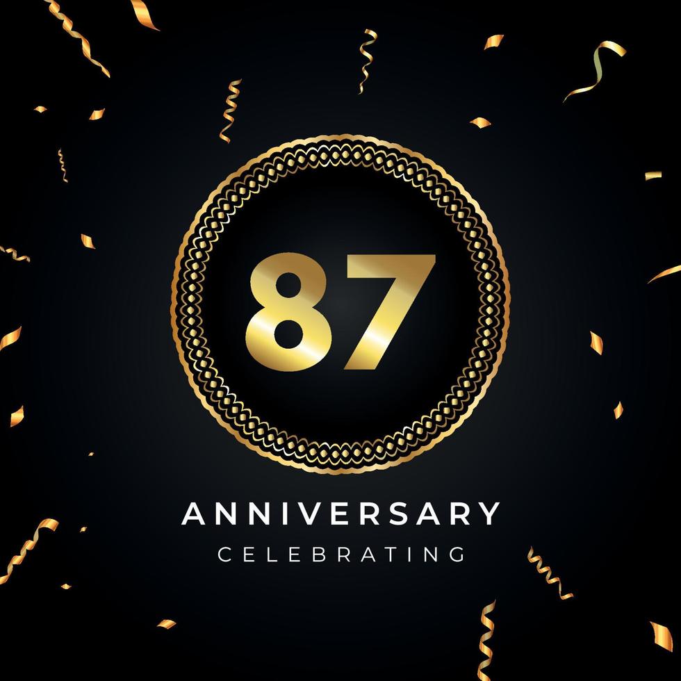 87 years anniversary celebration with circle frame and gold confetti isolated on black background. Vector design for greeting card, birthday party, wedding, event party. 87 years Anniversary logo.