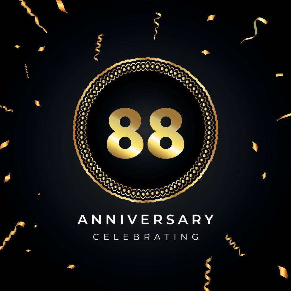 Celebración del aniversario de 88 años con marco circular y confeti dorado aislado en fondo negro. diseño vectorial para tarjetas de felicitación, fiesta de cumpleaños, boda, fiesta de eventos. Logotipo de aniversario de 88 años. vector