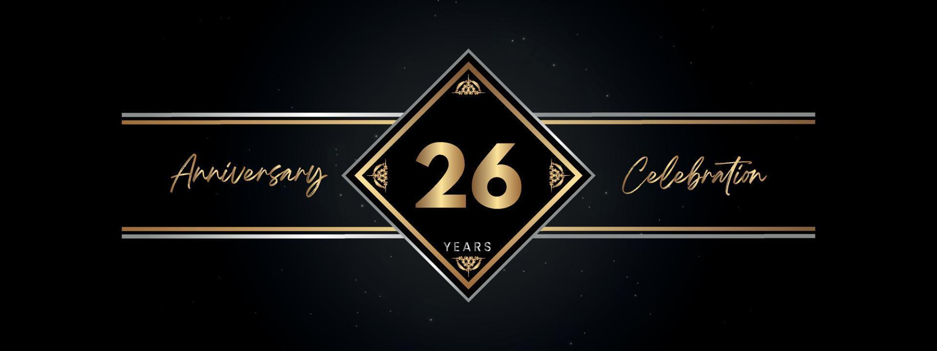 26 years anniversary golden color with decorative frame isolated on black background for anniversary celebration event, birthday party, brochure, greeting card. 26 Year Anniversary Template Design vector