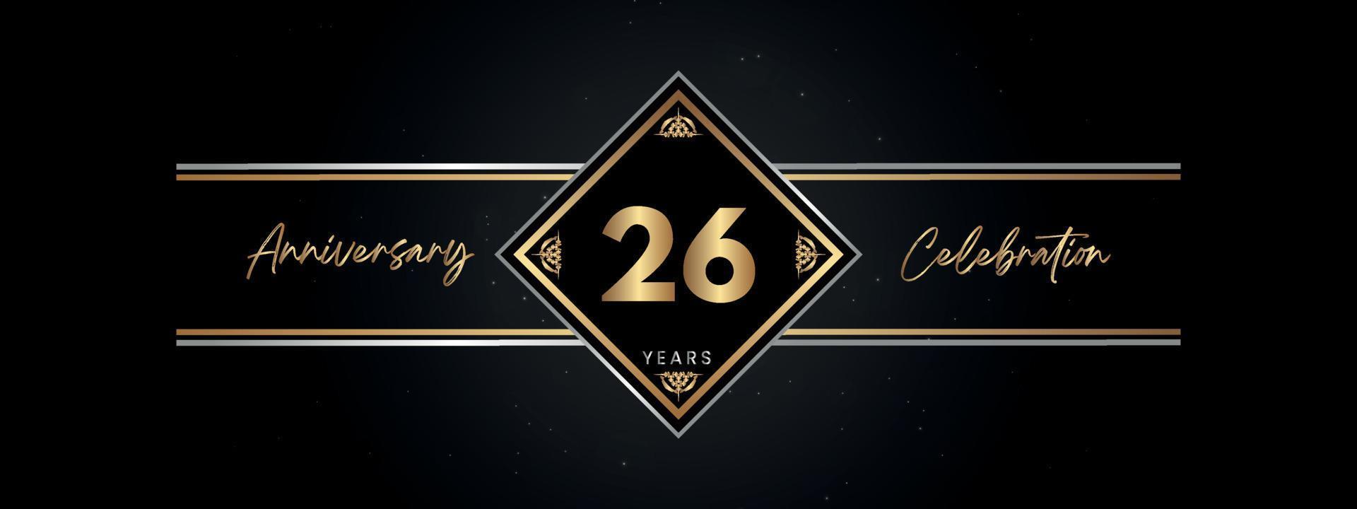 26 años de color dorado de aniversario con marco decorativo aislado en fondo negro para el evento de celebración de aniversario, fiesta de cumpleaños, folleto, tarjeta de felicitación. diseño de plantilla de aniversario de 26 años vector