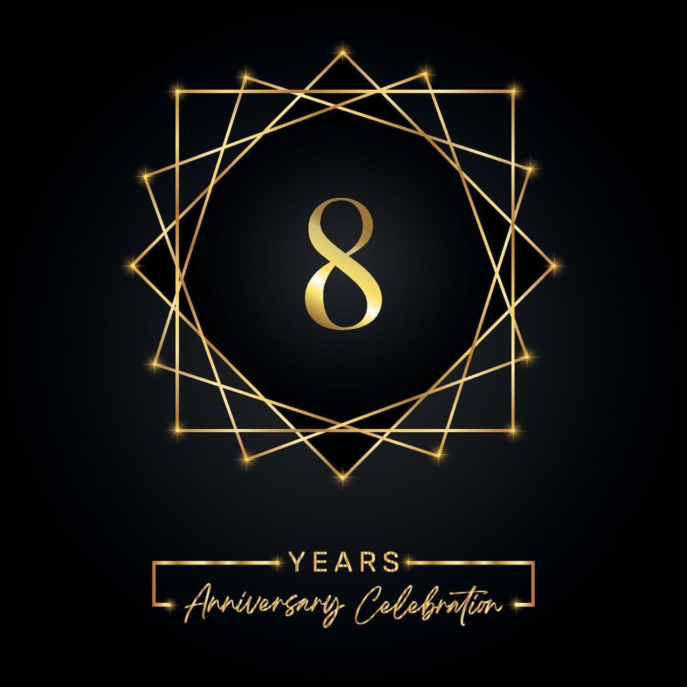 8 years Anniversary Celebration Design. 8 anniversary logo with golden frame isolated on black background. Vector design for anniversary celebration event, birthday party, greeting card.