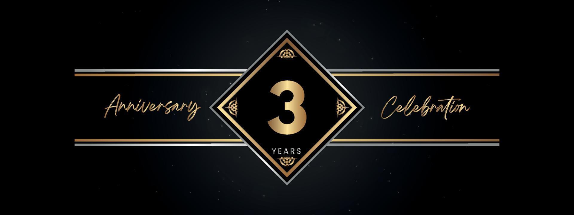 3 years anniversary golden color with decorative frame isolated on black background for anniversary celebration event, birthday party, brochure, greeting card. 3 Year Anniversary Template Design vector