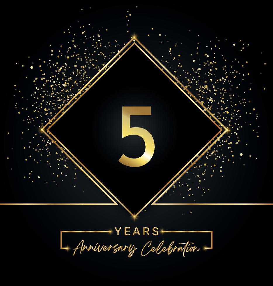 Celebración del aniversario de 5 años con marco dorado y brillo dorado sobre fondo negro. diseño vectorial para tarjetas de felicitación, fiesta de cumpleaños, boda, fiesta de eventos, invitación. Logotipo de aniversario de 5 años. vector