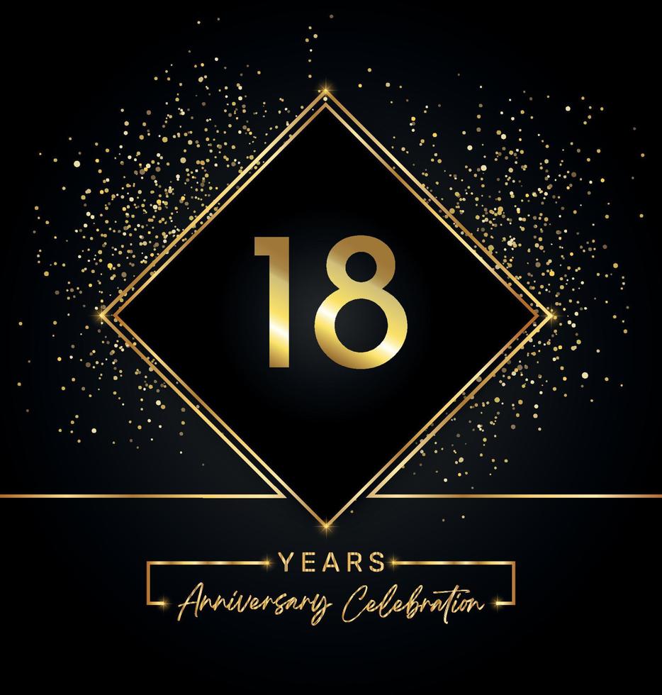 18 years anniversary celebration with golden frame and gold glitter on black background. Vector design for greeting card, birthday party, wedding, event party, invitation. 18 years Anniversary logo.
