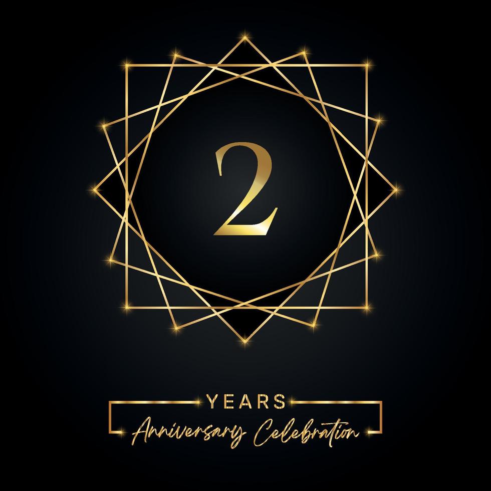 2 years Anniversary Celebration Design. 2 anniversary logo with golden frame isolated on black background. Vector design for anniversary celebration event, birthday party, greeting card.