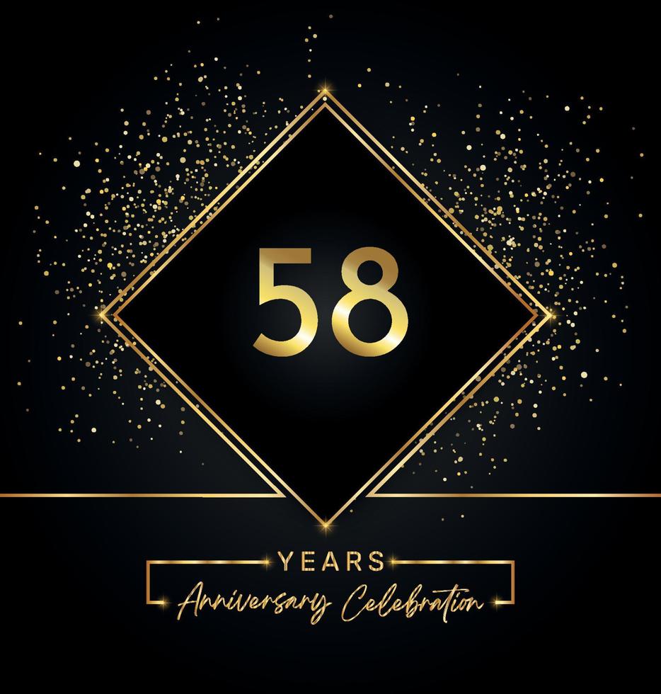 58 years anniversary celebration with golden frame and gold glitter on black background. Vector design for greeting card, birthday party, wedding, event party, invitation. 58 years Anniversary logo.
