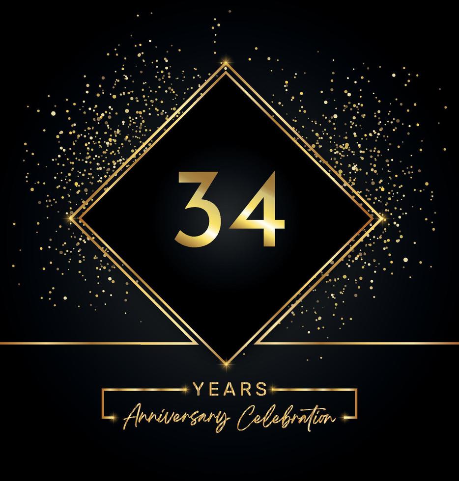 Celebración del aniversario de 34 años con marco dorado y brillo dorado sobre fondo negro. diseño vectorial para tarjetas de felicitación, fiesta de cumpleaños, boda, fiesta de eventos, invitación. Logotipo de aniversario de 34 años. vector